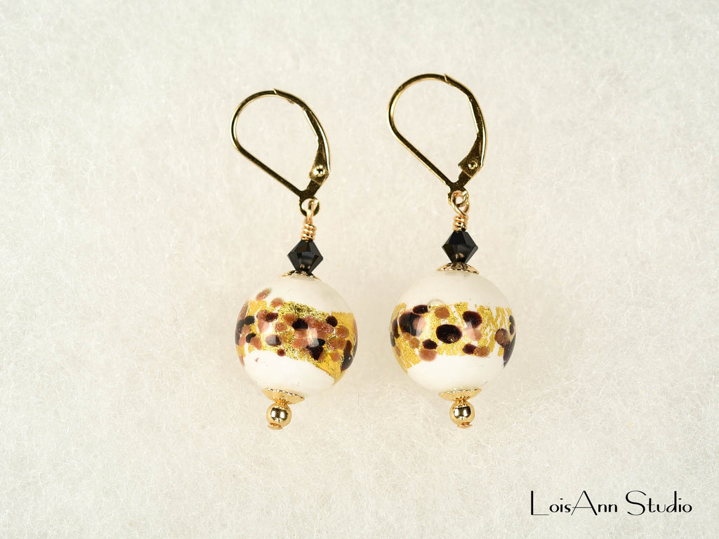 Animal Print Murano Glass Earrings: 14kt Gold Filled Lever Backs, Hand Torched Glass