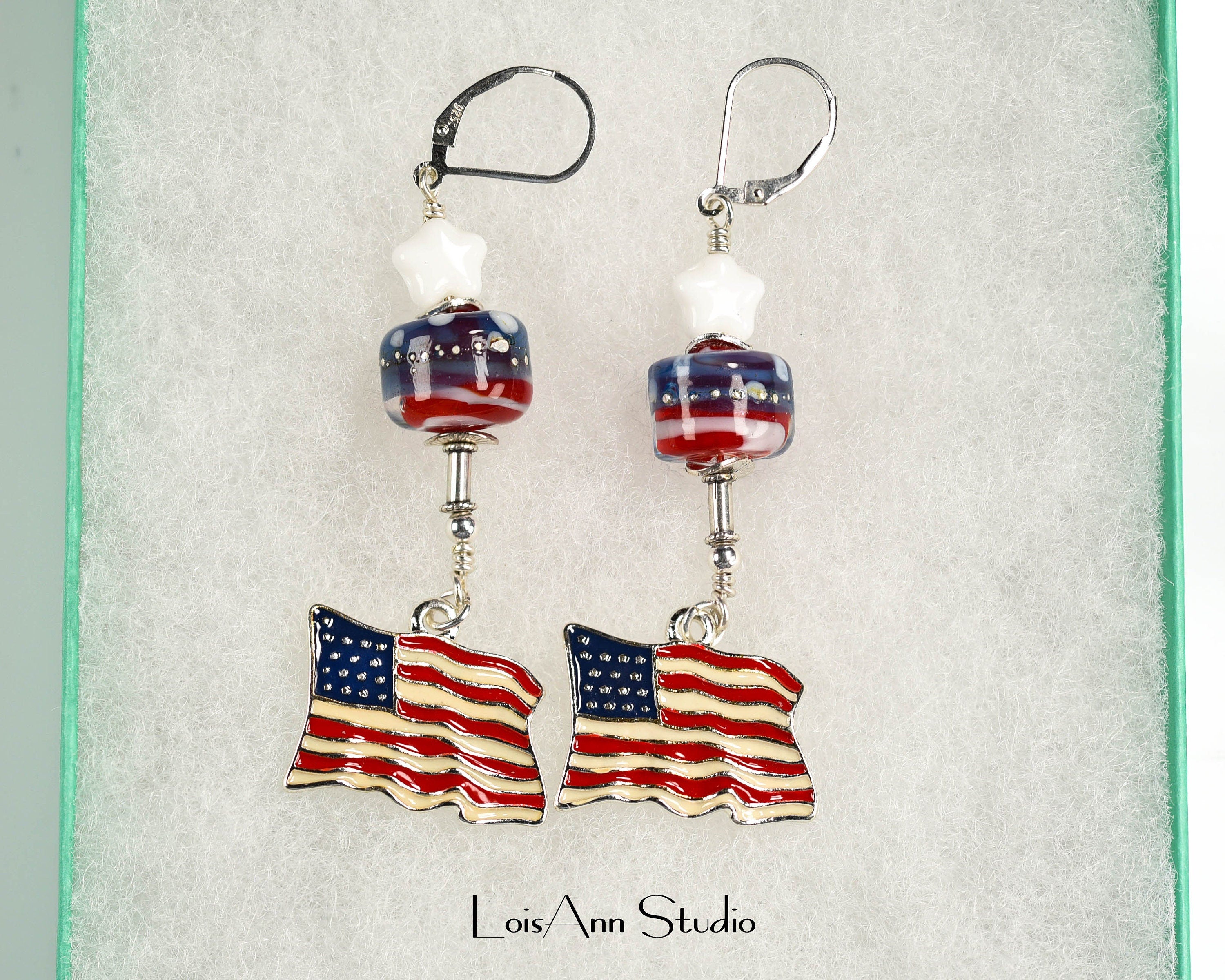 Patriotic Earrings, Sterling Silver, Red White and Blue, USA