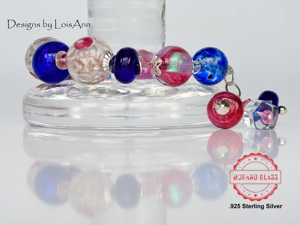 Lampwork Murano Glass Bracelet: Cobalt Blue, Pink, Sterling Silver