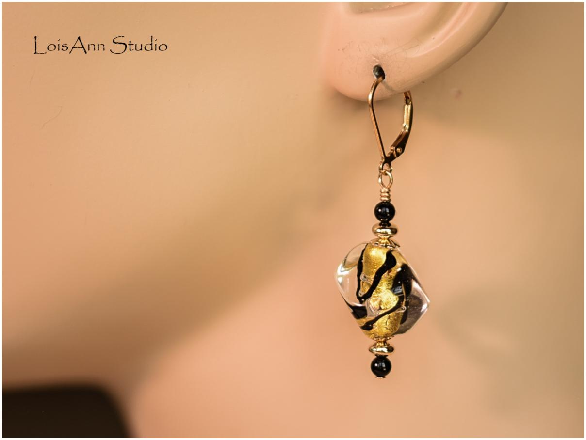 Murano Gold Foil Pebble Earrings: Lampwork Artisan Jewelry