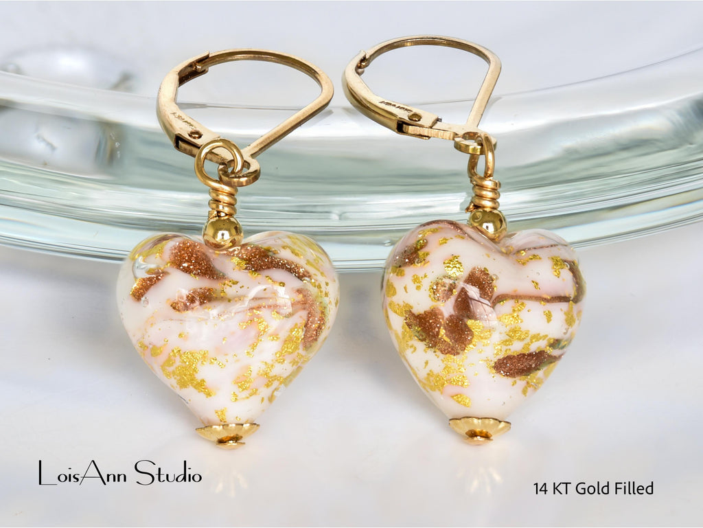 Pink Murano Heart Earrings: 14kt Gold Filled, Venetian Glass