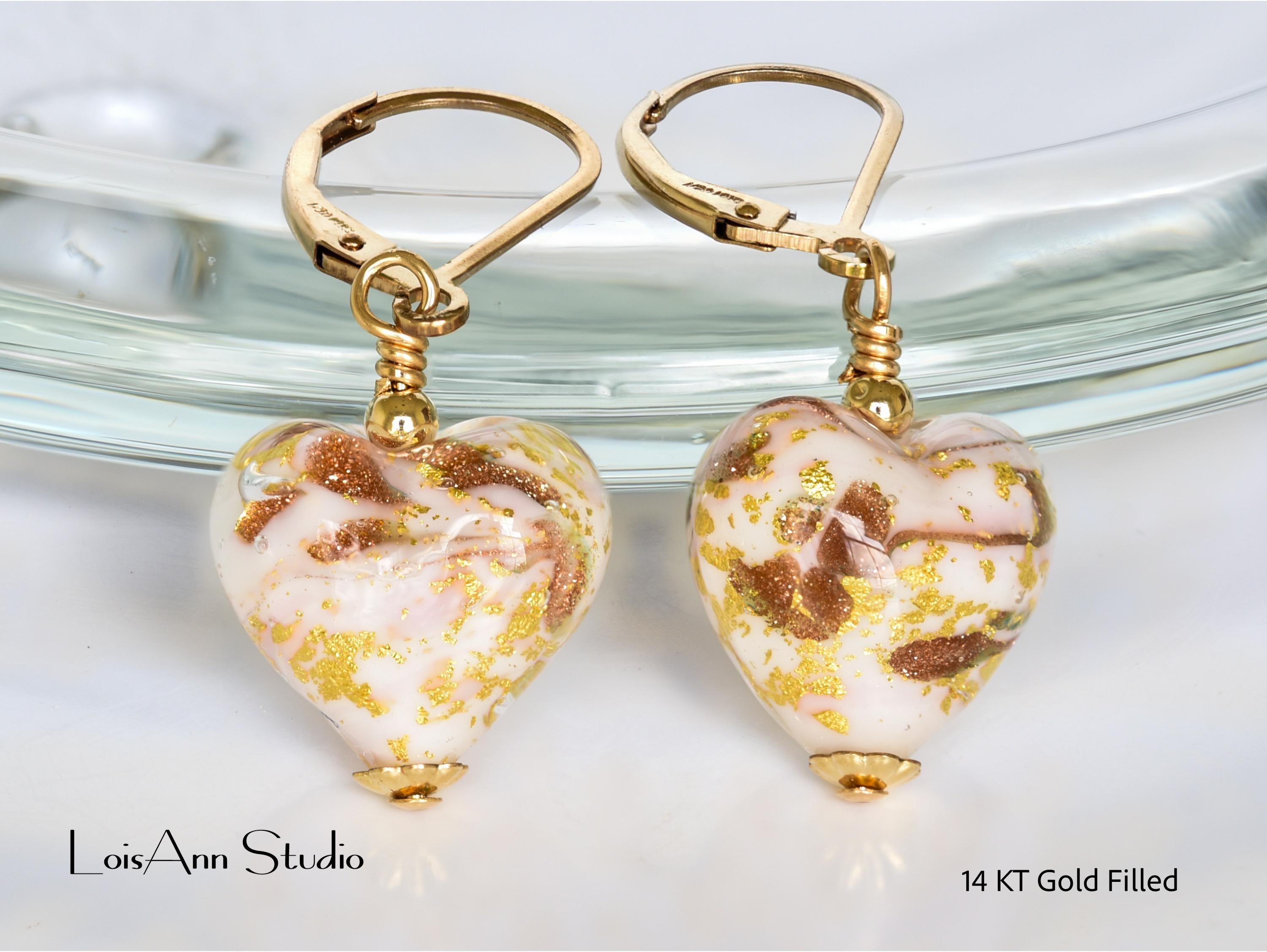 Pink Murano Heart Earrings: 14kt Gold Filled, Venetian Glass