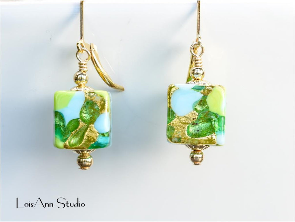 Murano Glass Earrings: Green Aqua Gold Foil, 14kt Gold Filled