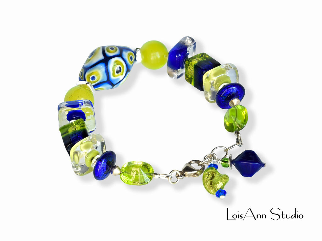 Chunky Venetian Millefiori Beaded Bracelet:  Lime Green and Cobalt Blue, Adjustable Sterling Silver