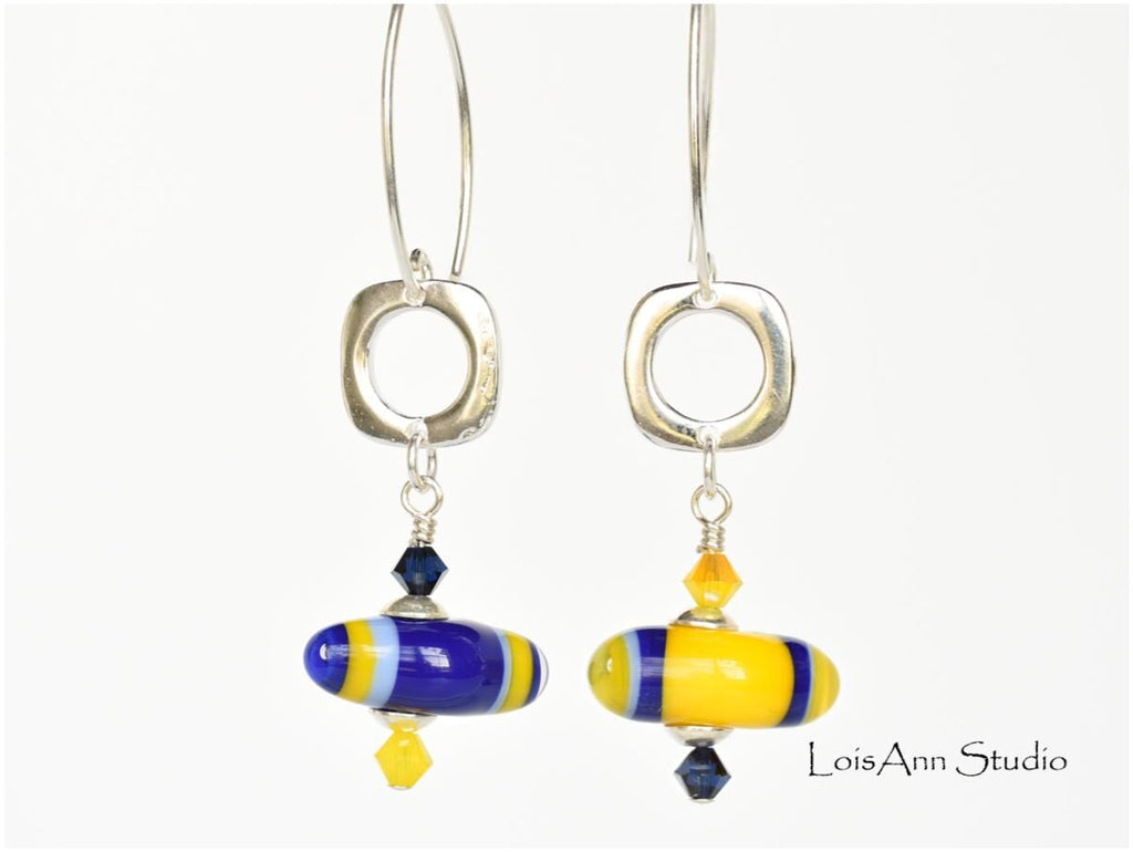 Lampwork Glass Earrings: Funky Mismatched Sterling Silver Jewelry, Navy Blue and Yellow