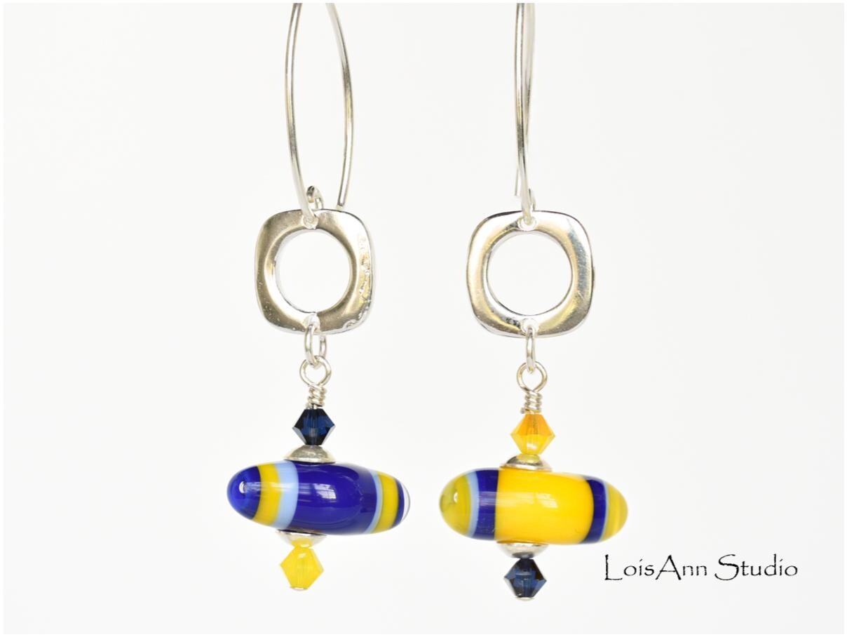 Lampwork Glass Earrings: Funky Mismatched Sterling Silver Jewelry, Navy Blue and Yellow