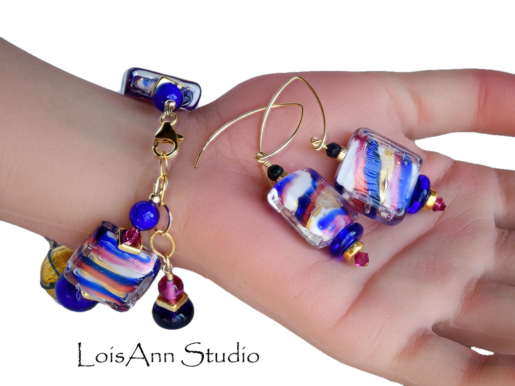 Chunky Venetian Murano Glass Bracelet:  Cobalt Blue and Fuchsia Pink, 14K Gold Filled, Adjustable