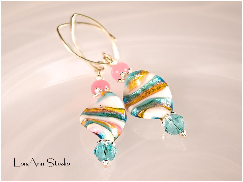 Murano Glass Earrings: Pink & Caribbean Blue, Sterling Silver, Artisan Lampwork