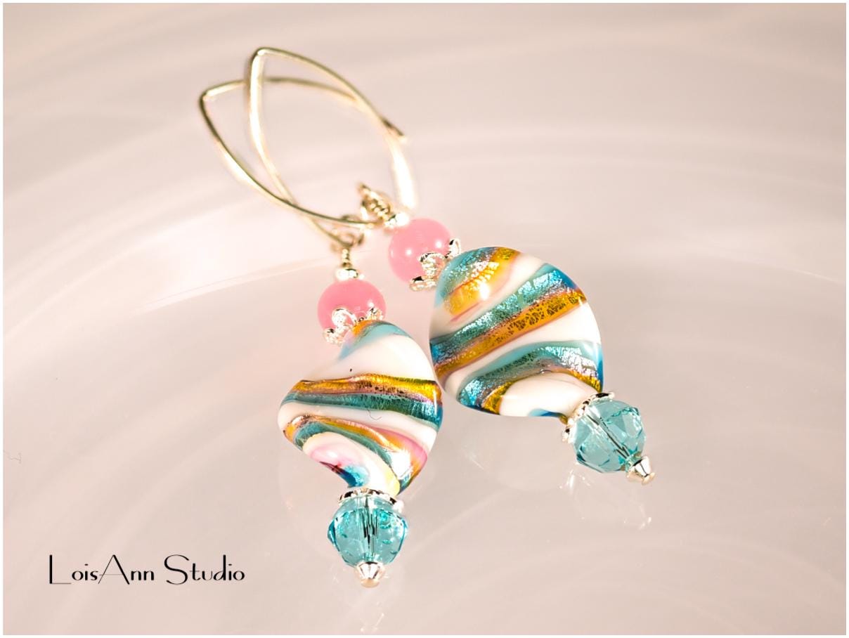 Murano Glass Earrings: Pink & Caribbean Blue, Sterling Silver, Artisan Lampwork