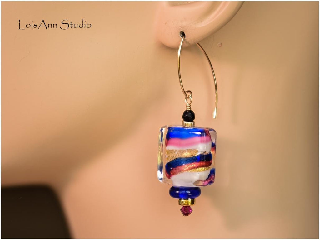 Lampwork Murano Glass Earrings: Pink Cobalt Blue, 14kt Gold Filled