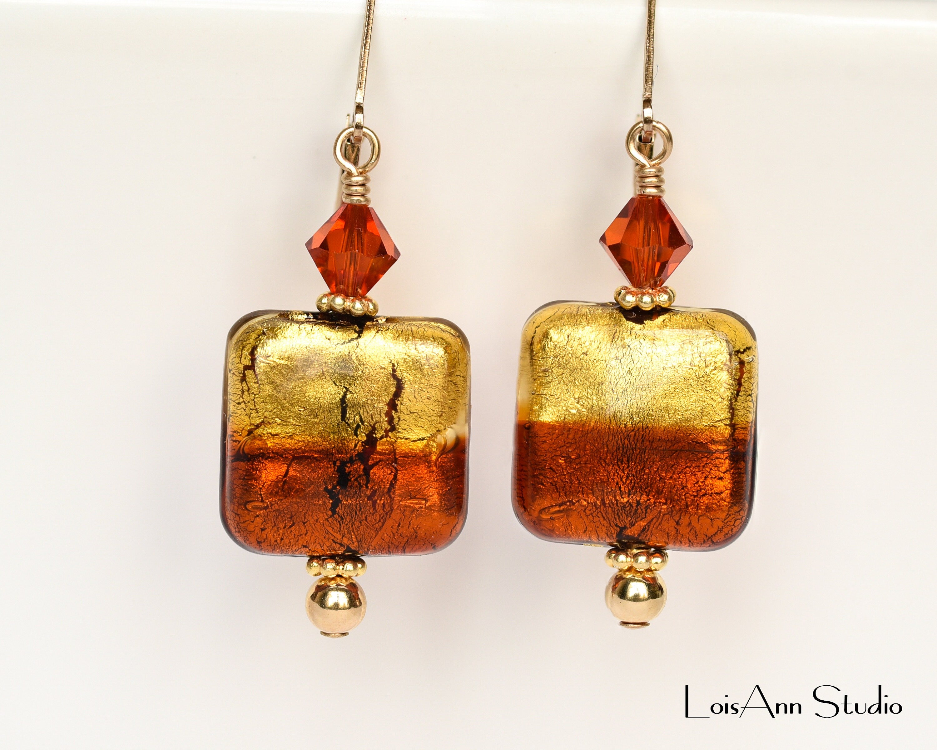 Topaz Murano Glass Earrings: 24kt Gold Foil, 14kt GF Ear Wires