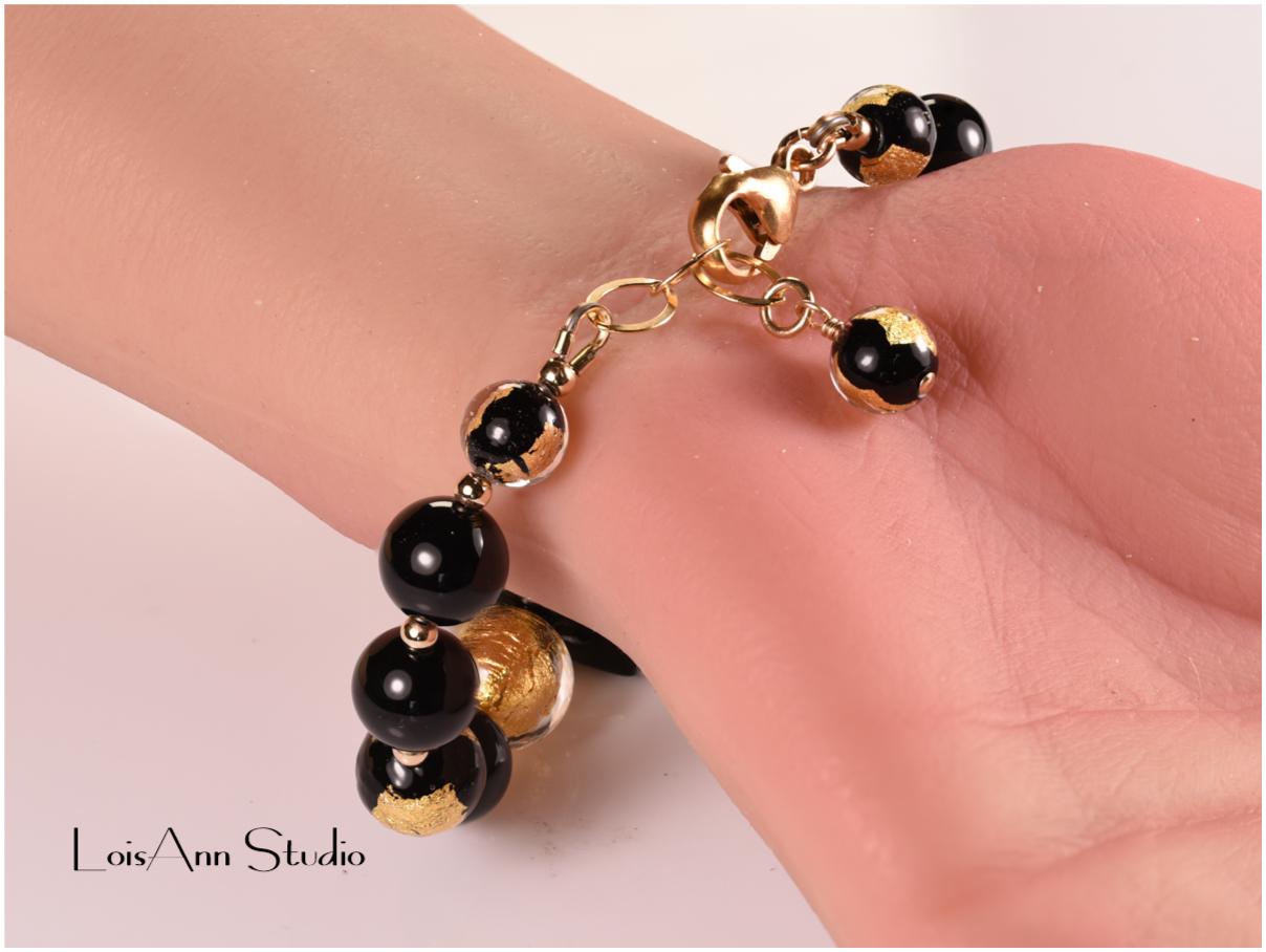 Murano Glass Bracelet, Black and Gold, 14kt Gold Filled, Adjustable