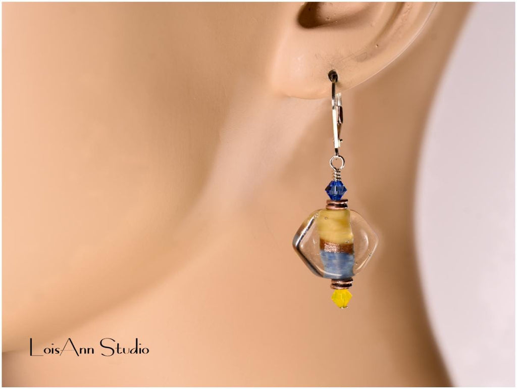 Lampwork Glass Earrings: Yellow, Blue, Sterling Silver Leverbacks