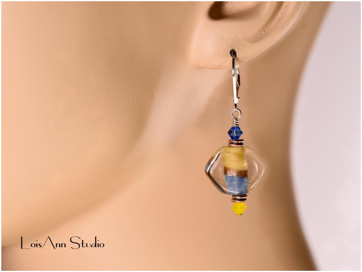 Lampwork Glass Earrings: Yellow, Blue, Sterling Silver Leverbacks