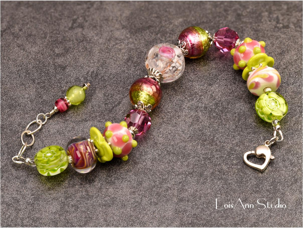 Lime Green Lampwork Glass Bracelet: Pink Murano Flower, Sterling Silver, Adjustable