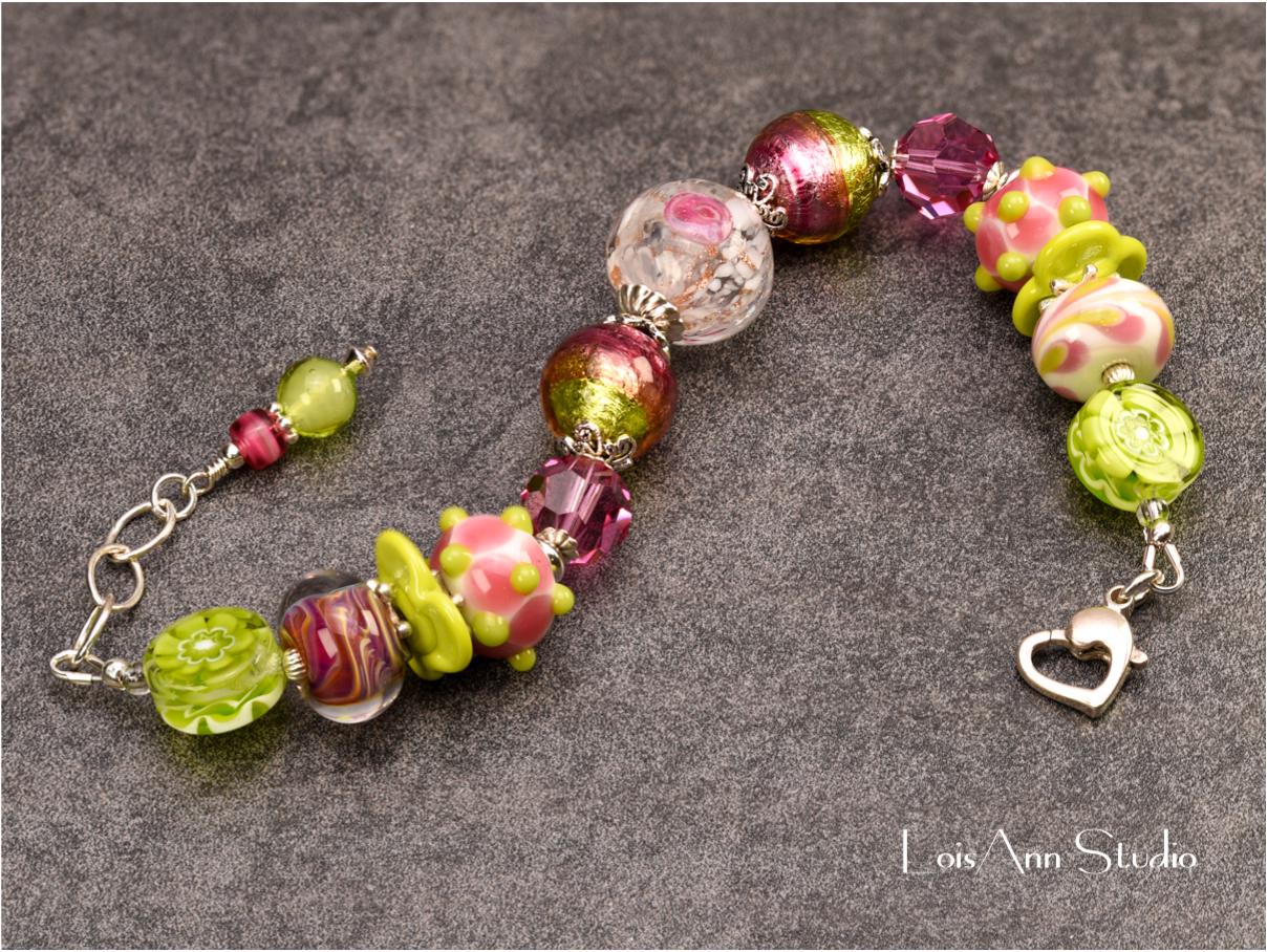 Lime Green Lampwork Glass Bracelet: Pink Murano Flower, Sterling Silver, Adjustable