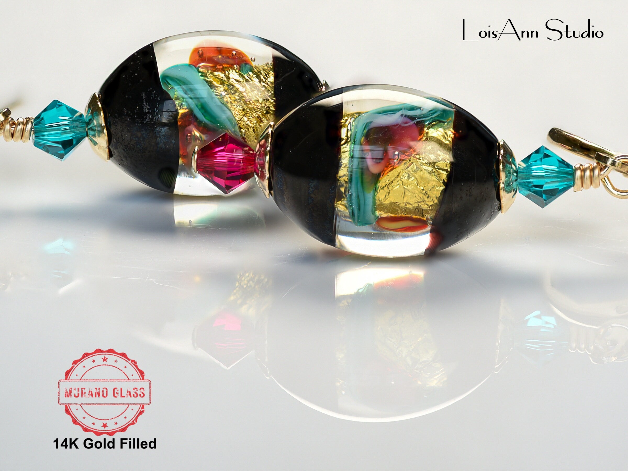 Artisan Earrings, Glass Jewelry, Fuchsia Pink, Teal, 14kt Gold Filled, Gift Ready