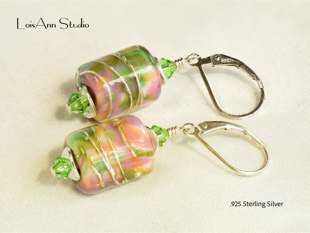 Pink & Spring Green Lampwork Earrings, Sterling Silver, Handmade