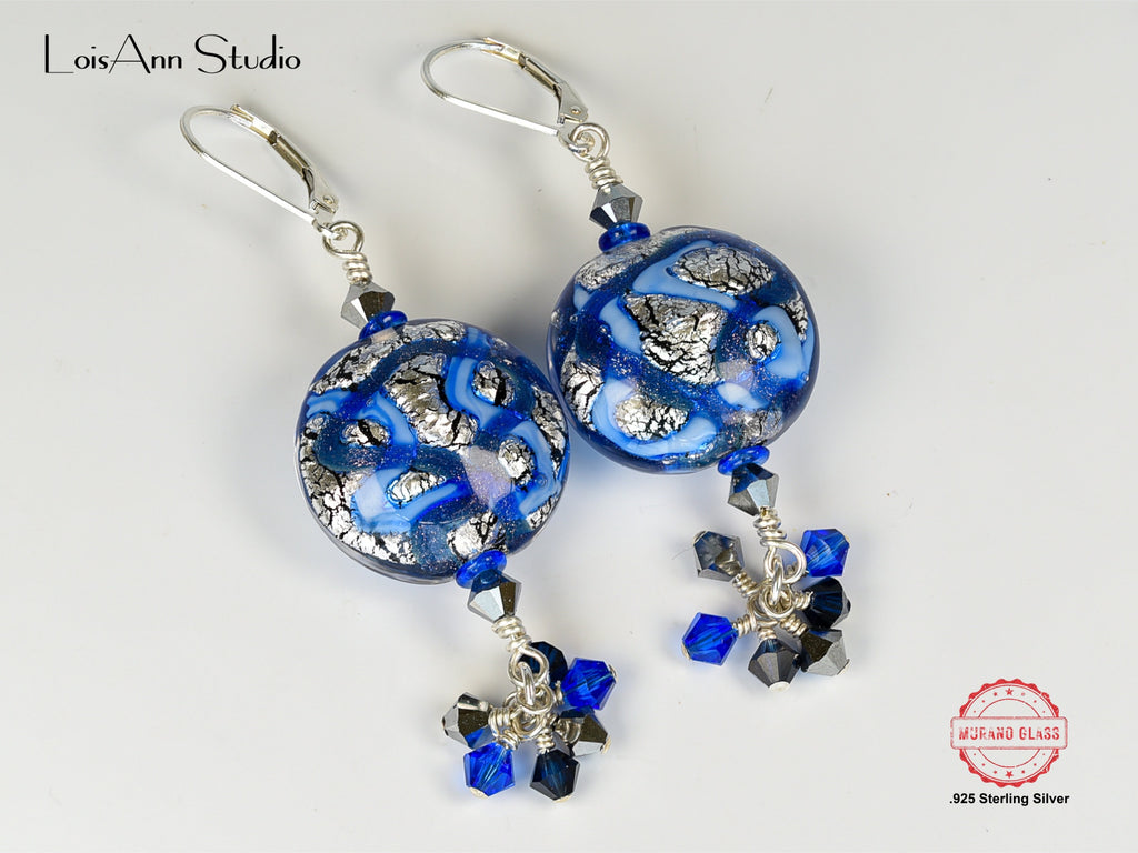 Murano Glass Beaded Earrings: Sterling Silver, Handmade, Sapphire Blue Dangles
