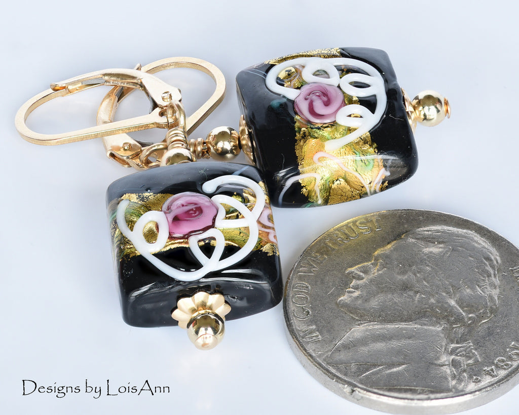 Petite Black Murano Glass Earrings: 14kt Gold Filled, Venetian Rose