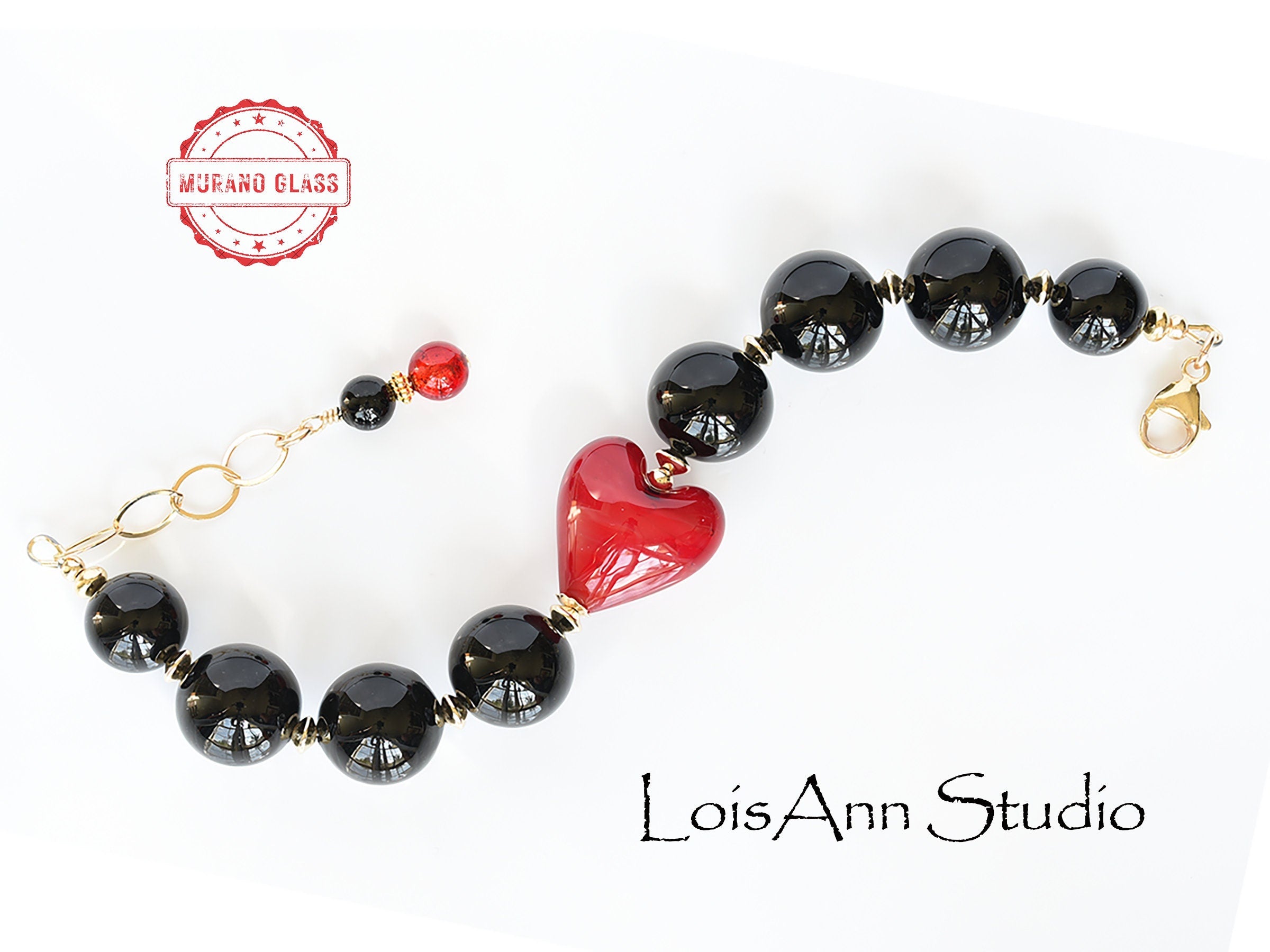 Murano Red Heart Bracelet: 14k Gold Filled Romantic Jewelry, Gift for Her
