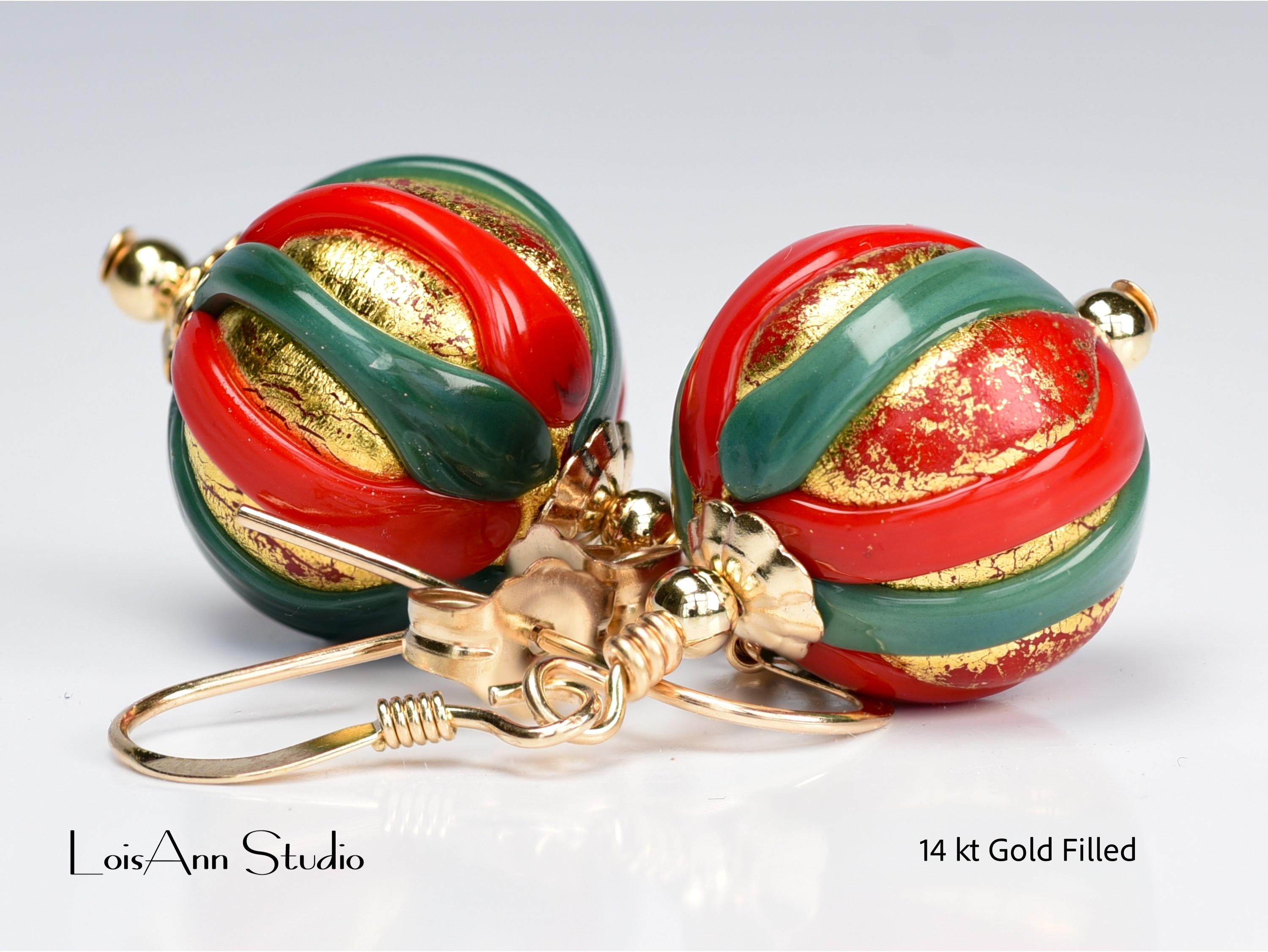 Murano Glass Christmas Earrings: Red Green Gold, 14kt Gold Filled