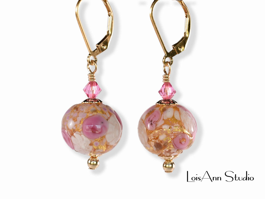 1-1/2 Inch Venetian Murano Pink Rose Earrings, 14K Gold Filled, Gift Worthy