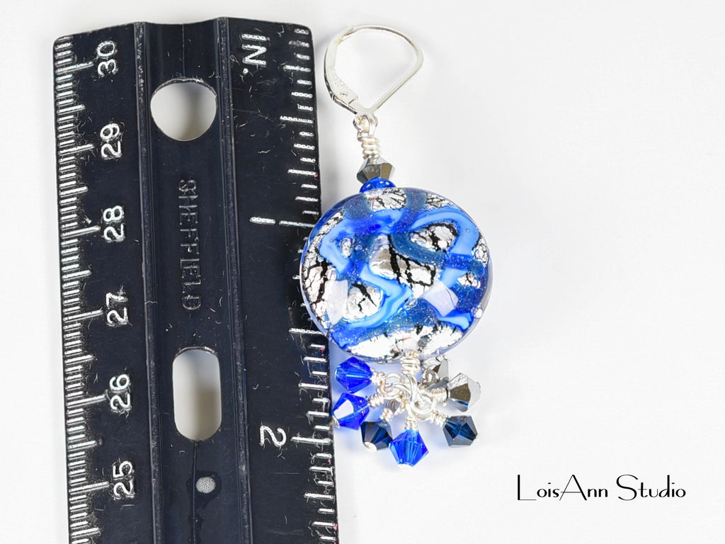 Murano Glass Beaded Earrings: Sterling Silver, Handmade, Sapphire Blue Dangles