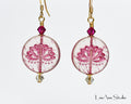 Etched Lotus Flower Earrings: Fuchsia Czech Glass, 14kt Gold Filled