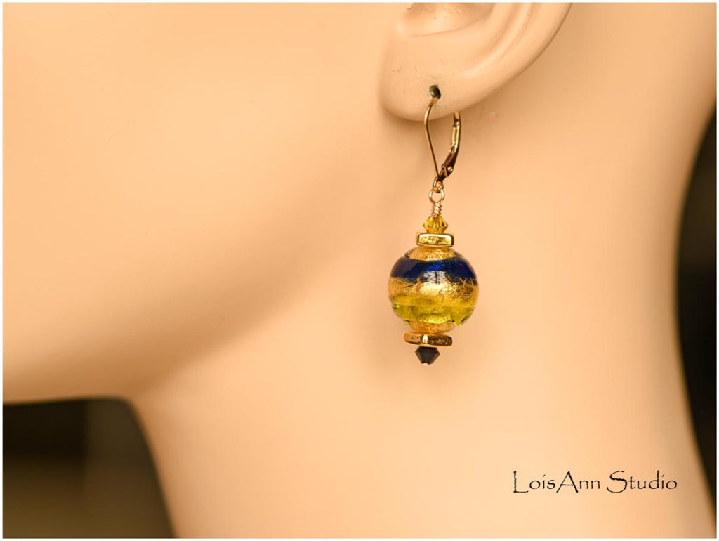Murano Glass Beaded Earrings: Peridot Green, Cobalt Blue & Gold