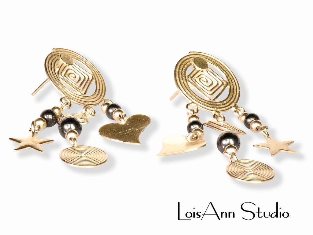 Sterling Silver Chandelier Earrings: Hematite Beads & Dangle Charms