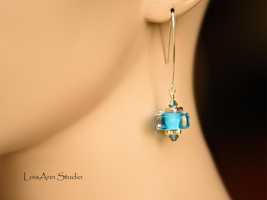 Lampwork Glass Earrings:  Electric Blue, Handmade, V Sterling Ear Wires, Gift for Her