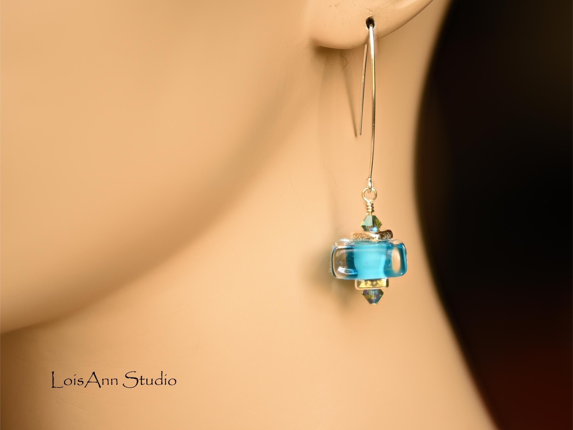 Lampwork Glass Earrings:  Electric Blue, Handmade, V Sterling Ear Wires, Gift for Her