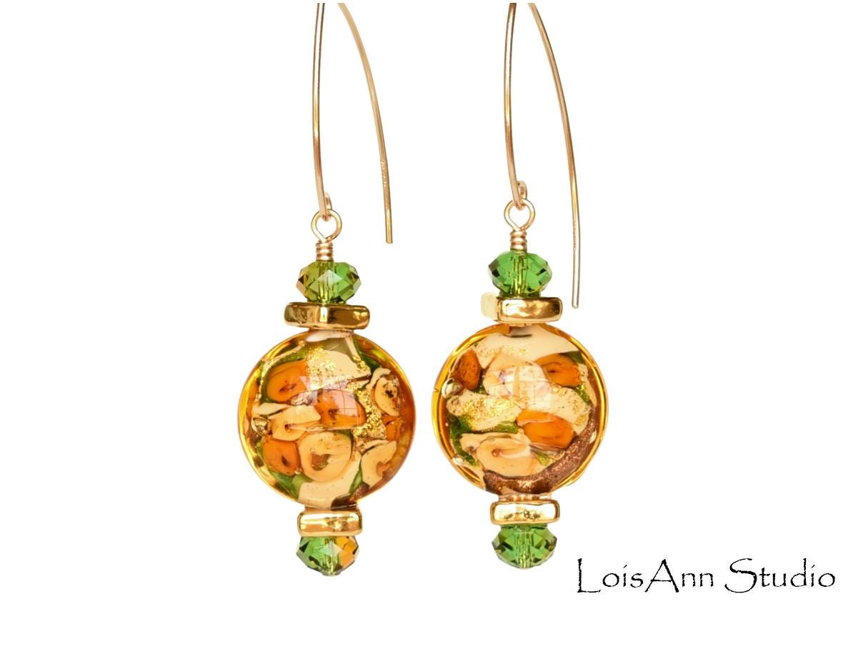 Lampwork Murano Glass Rose Earrings: 14kt Gold Filled, Venetian Beads