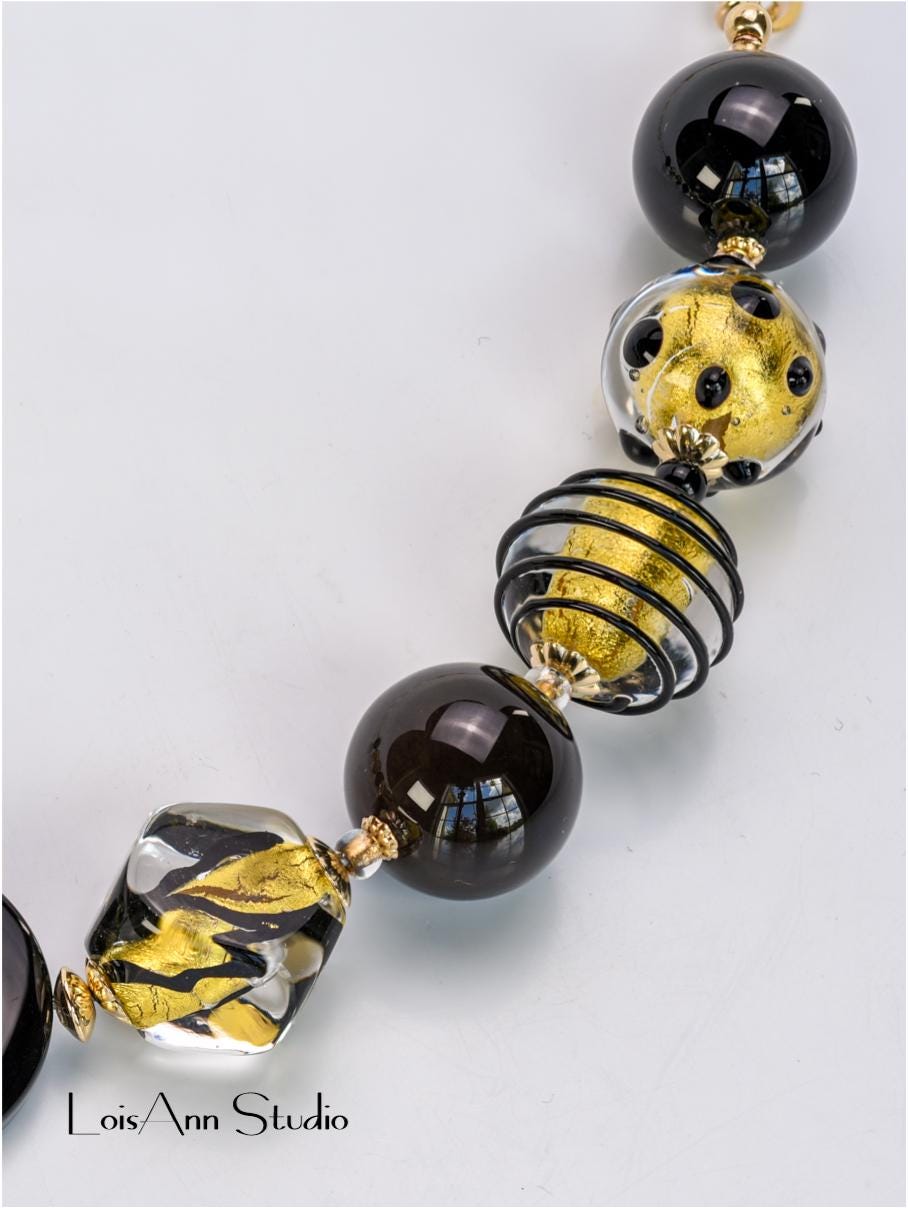 Black Murano Glass Necklace: 24kt Gold Foil, 14kt Gold Filled Chain