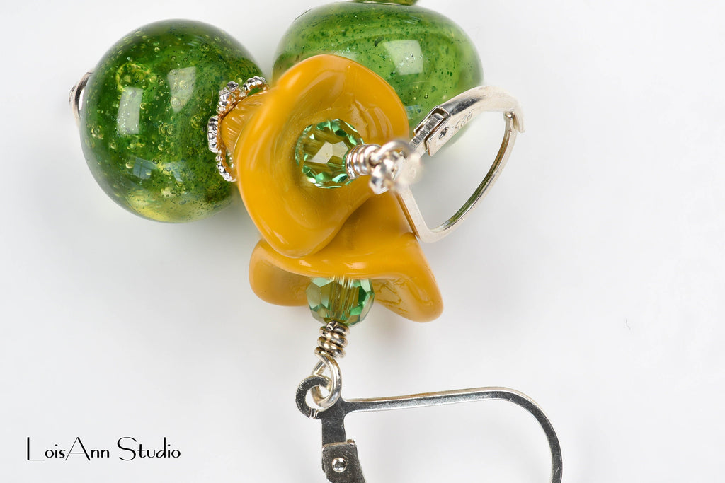 Lampwork Sterling Silver Earrings: Green Aventurine, Yellow Flower Beads