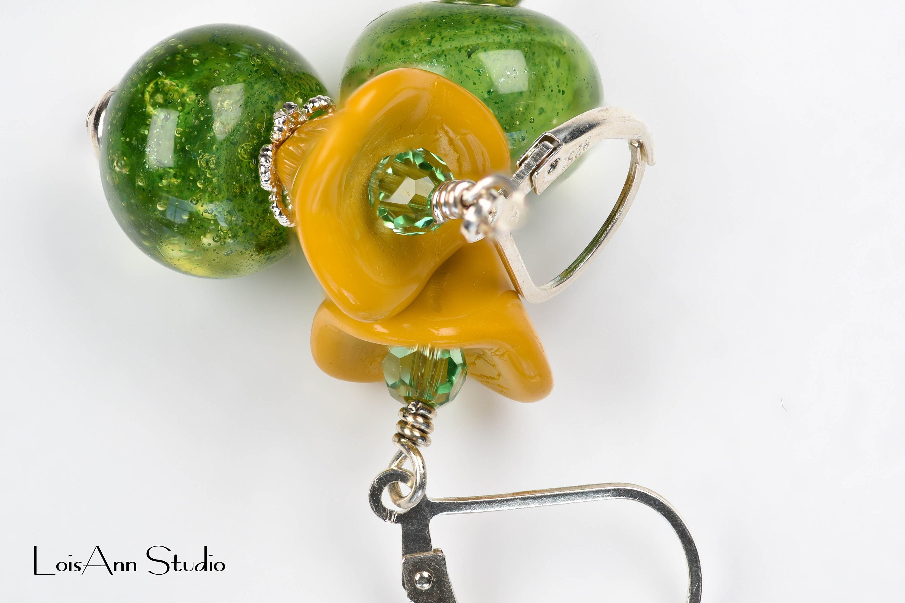 Lampwork Sterling Silver Earrings: Green Aventurine, Yellow Flower Beads