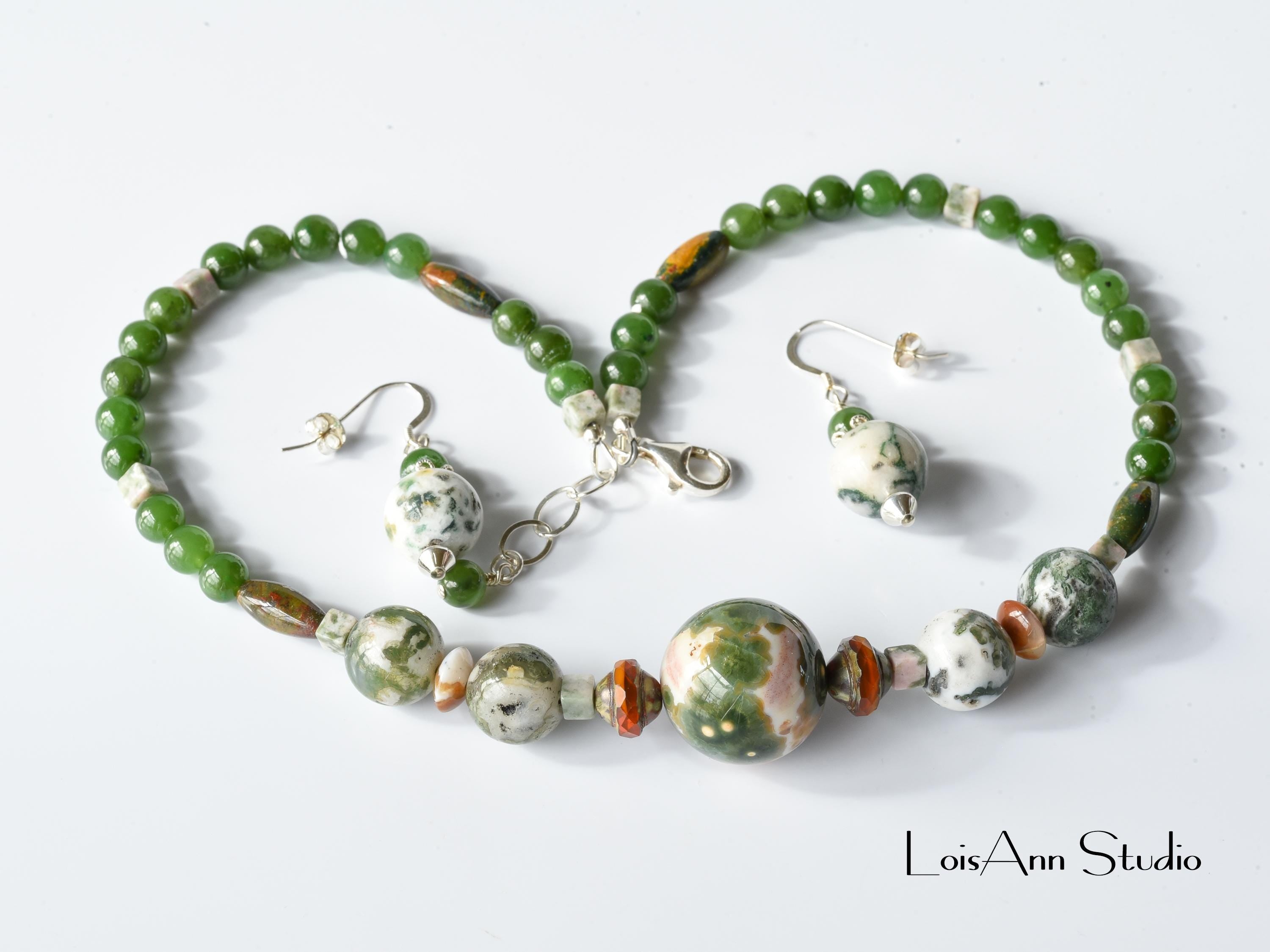 Handmade Green Gemstone Necklace and Earrings Set: Agate, Jade, Jasper