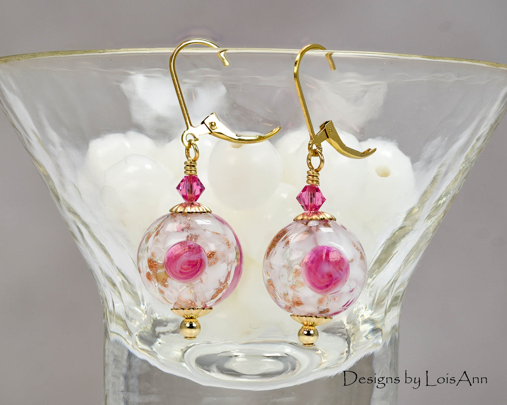 Murano Glass Flower Earrings: 14kt Gold Filled, Venetian Lampwork