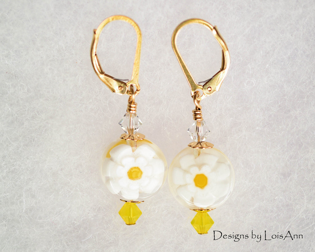 Daisy Millefiori Flower 14kt Gold Filled Earrings, Venetian Murano