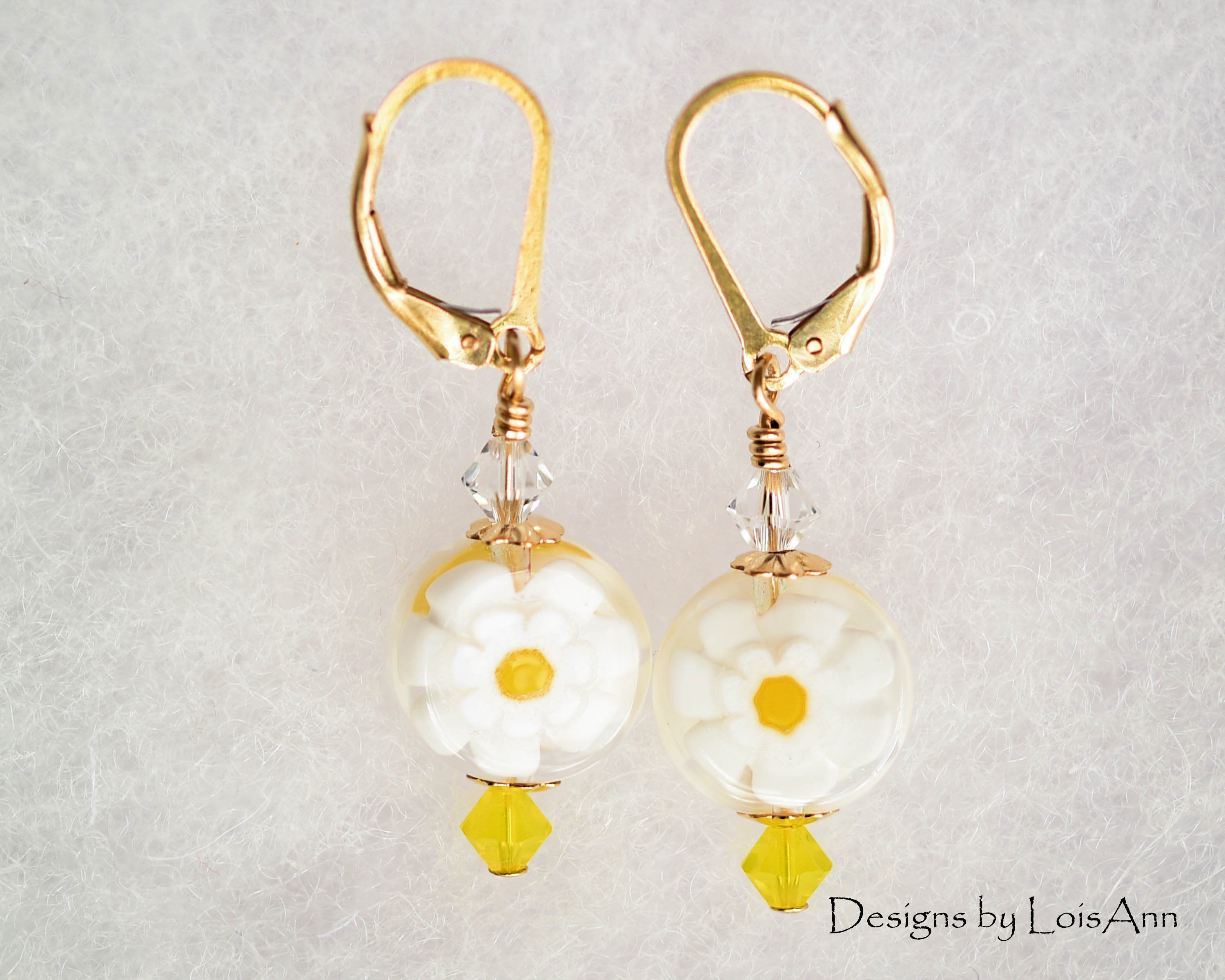 Daisy Millefiori Flower 14kt Gold Filled Earrings, Venetian Murano