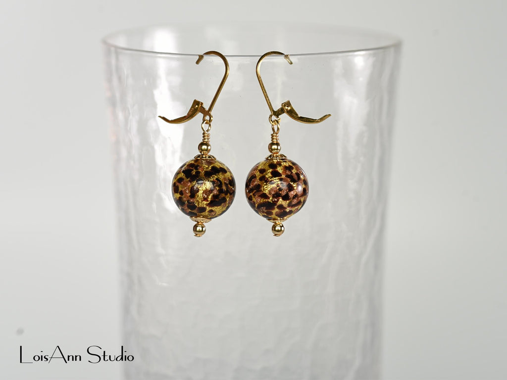 Chocolate Brown Gold Speckled Earrings, 24K Gold Foil, Venetian Murano, 14K Gold Filled Ear Wires, Gift for Her