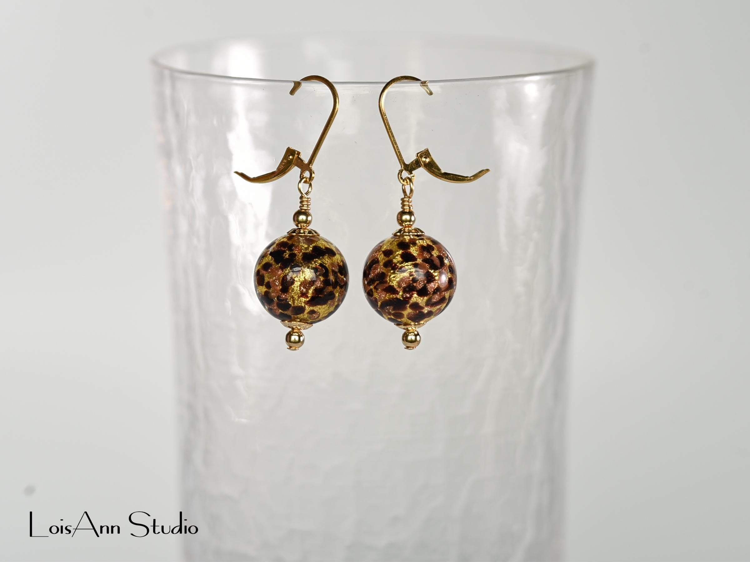 Chocolate Brown Gold Speckled Earrings, 24K Gold Foil, Venetian Murano, 14K Gold Filled Ear Wires, Gift for Her