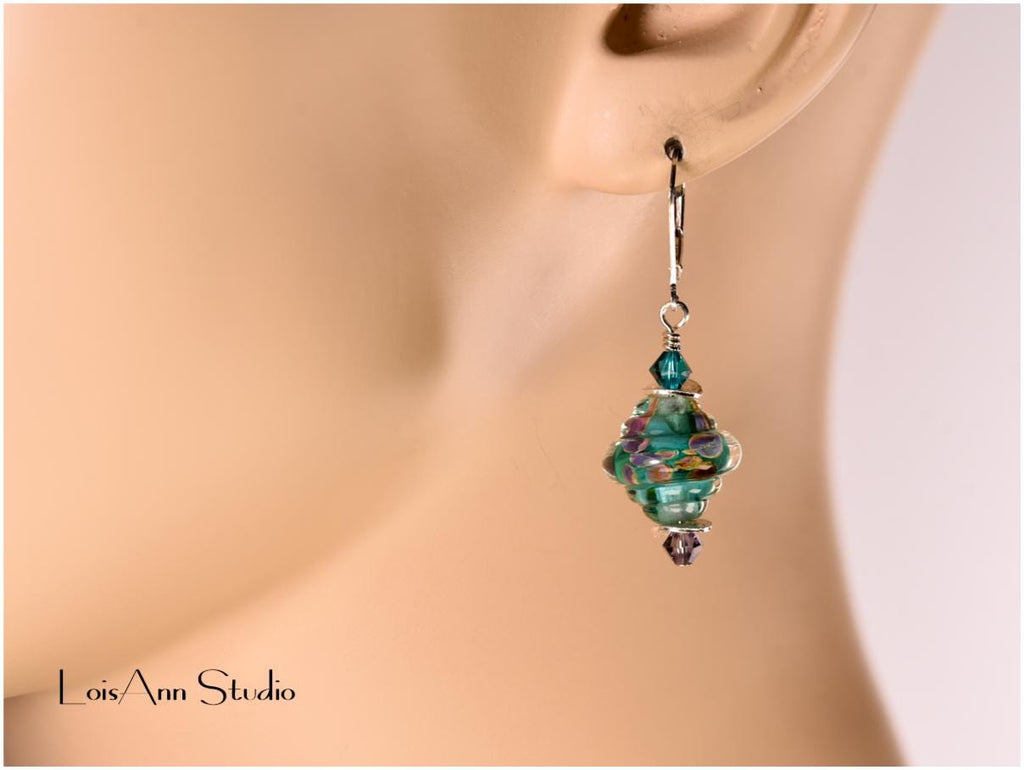 Teal Lampwork Glass Earrings: Sterling Silver, Handmade Artisan Jewelry
