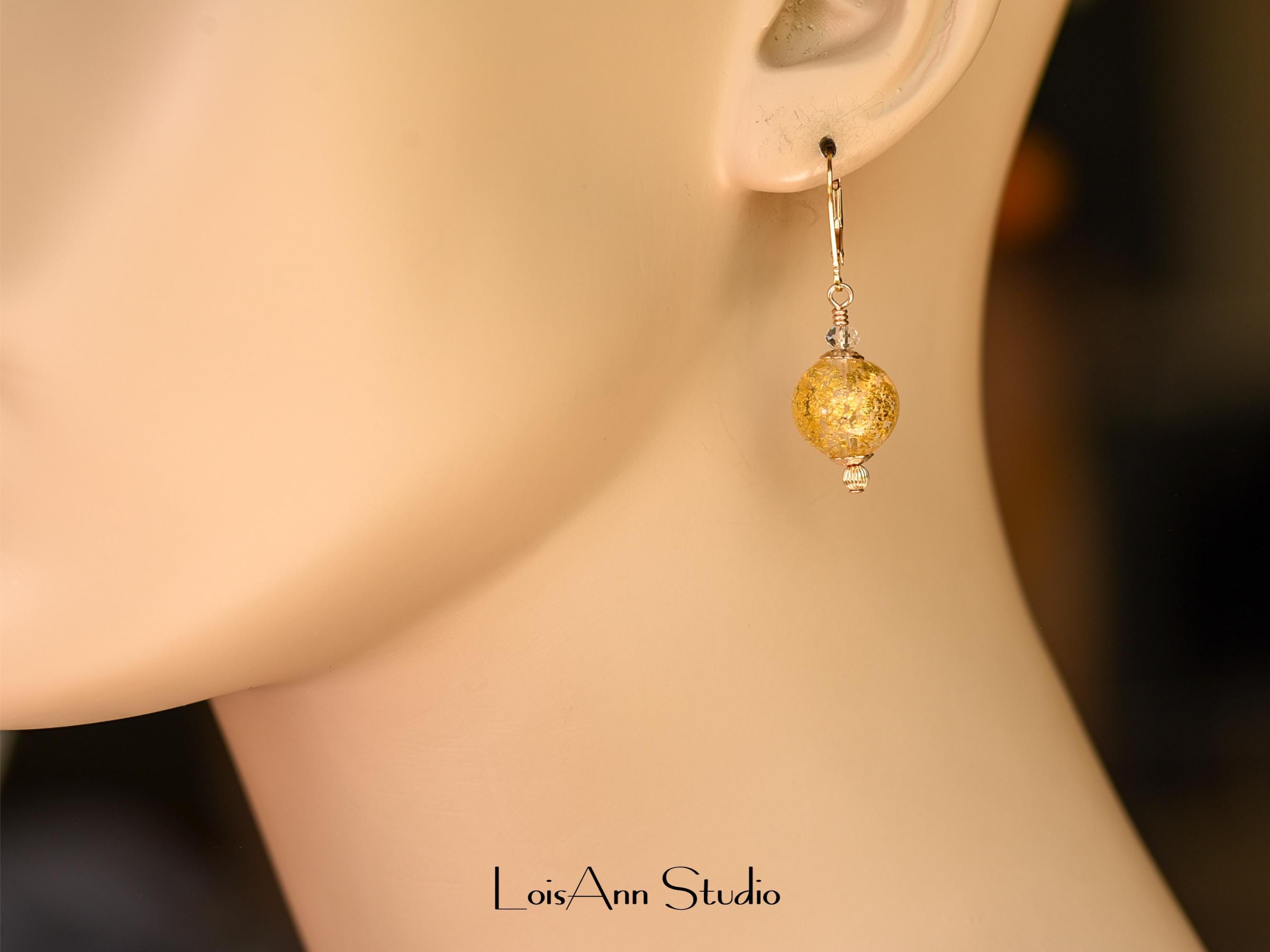 Gold Foil Lampwork Glass Earrings, 14K Gold Filled Lever Backs, Gift Worthy
