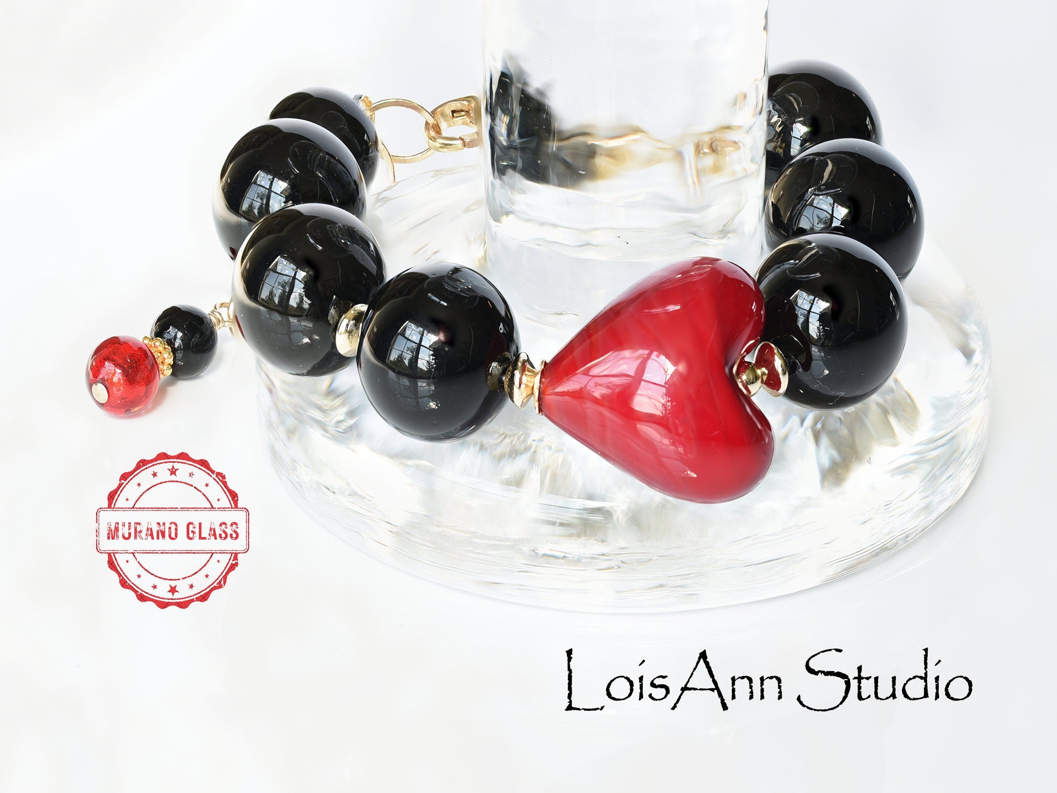 Murano Red Heart Bracelet: 14k Gold Filled Romantic Jewelry, Gift for Her