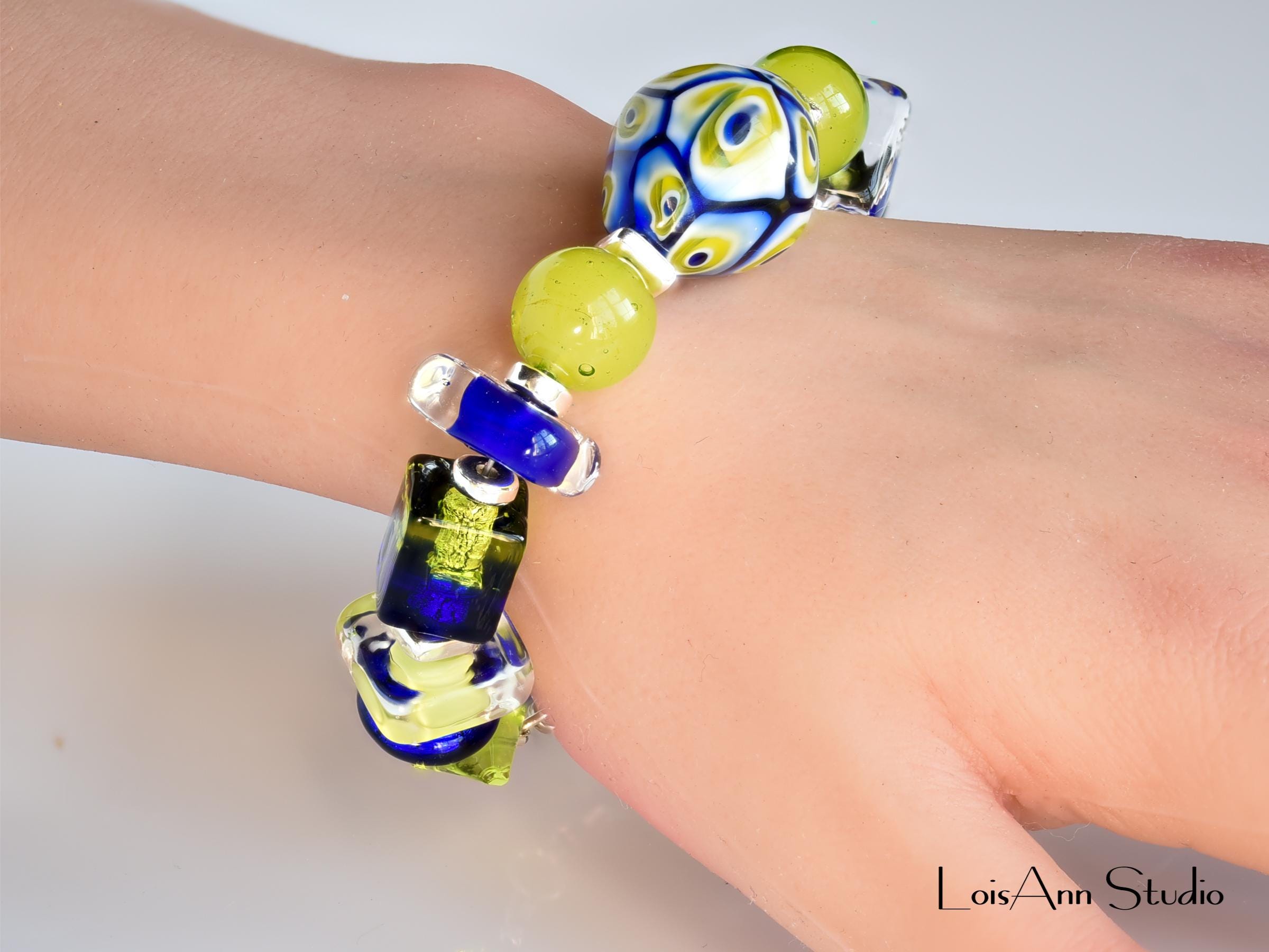 Chunky Venetian Millefiori Beaded Bracelet:  Lime Green and Cobalt Blue, Adjustable Sterling Silver