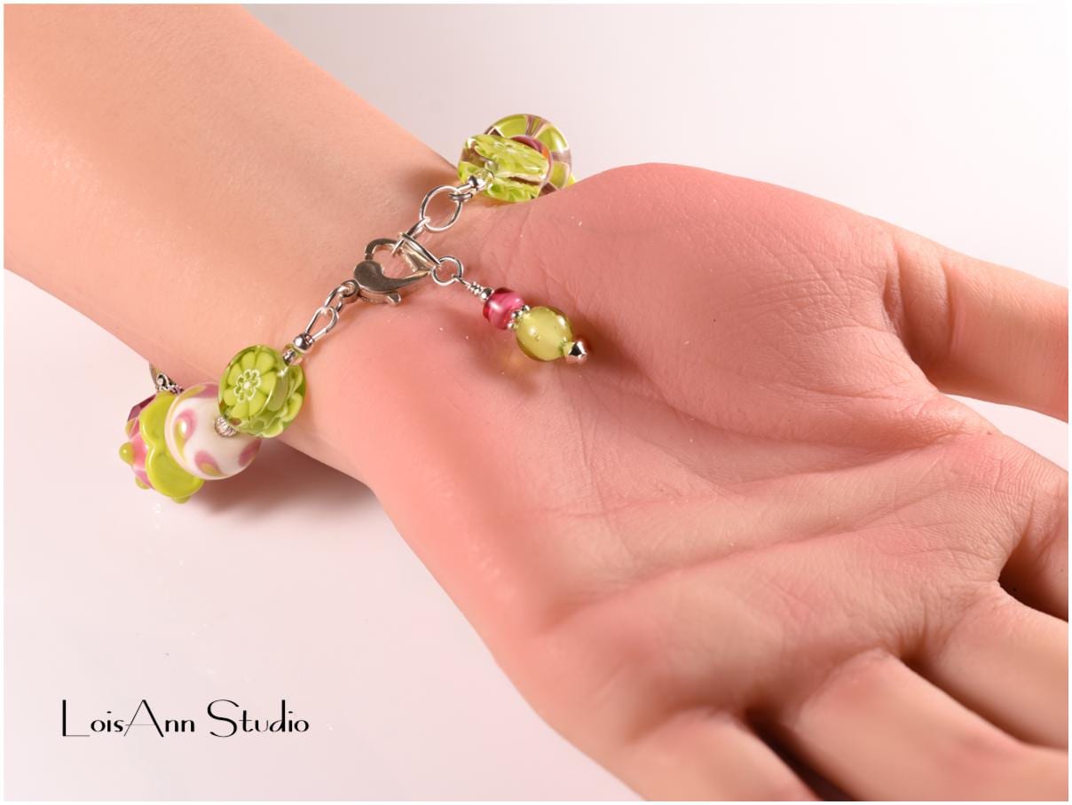 Lime Green Lampwork Glass Bracelet: Pink Murano Flower, Sterling Silver, Adjustable