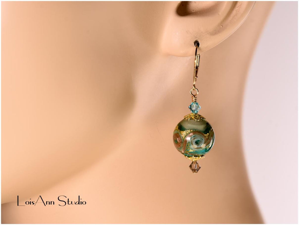 Murano Glass Lampwork Earrings: Sea Green & Smokey Gray, 14kt Gold Filled, Gift for Her