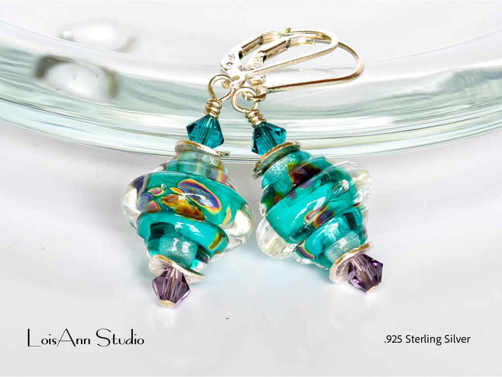 Teal Lampwork Glass Earrings: Sterling Silver, Handmade Artisan Jewelry